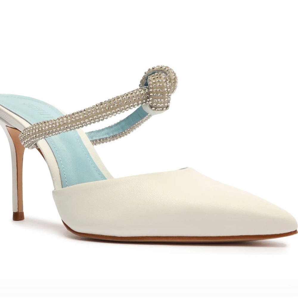 Schutz BHLDN Pearl Nappa Leather 7.5 & 9  Silver Pointed Toe Wedding Mule Heels